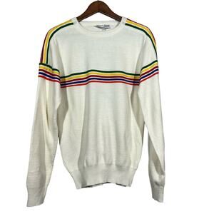 Vintage 80s US Team Olympic Sweater Crewneck Rainbow Stripe Cream Sport - L